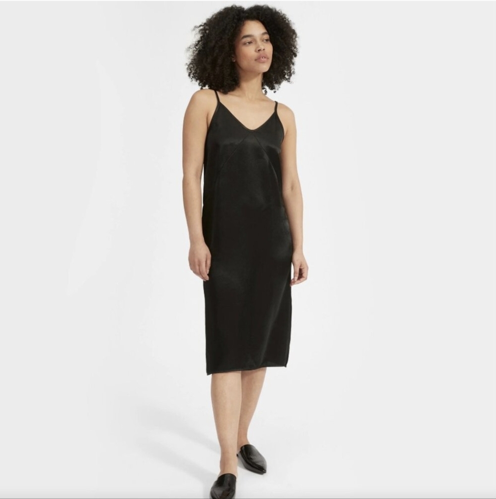 Everlane The Party Black Midi Satin Slip Dress